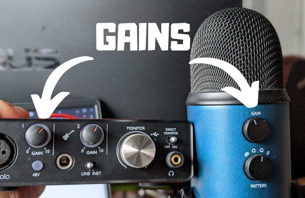 How to set gain level on microphone blue yeti and on audio interface scralett solo